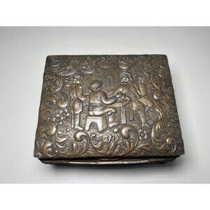 Vintage Tavern Scene Metal Wood Trinket Jewelry Box Small Brown Baroque Decor